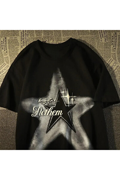 Tarzsokak Μαύρο American Street Hiphop Star Print για ανδρικά και γυναικεία Y...