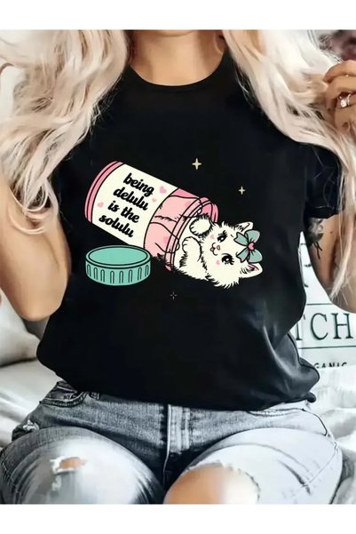 Tarzsokak Crna Harajuku stilska letnja majica sa slatkim mačka print uzorkom