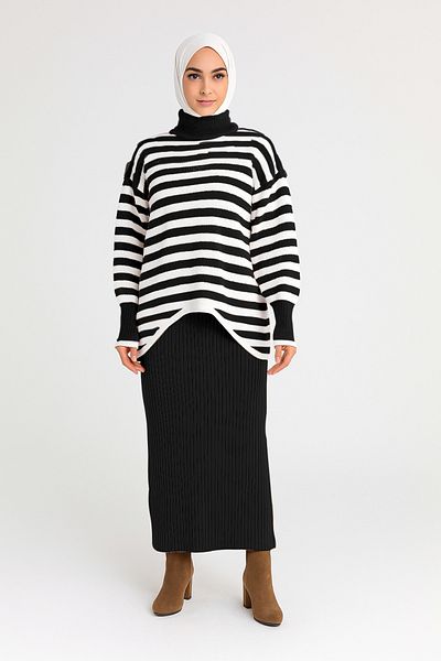 Sonbaharmoda Top Sweater Striped Bottom Dress Knitwear Set – Two Pieces – Modern & Comfortable