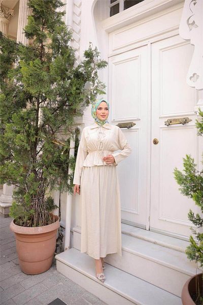 Bwest Shirt Collar Gathered, Lace-Up Short Tunic Flowing Skirt Set - (38-46) - 71291 - Beige