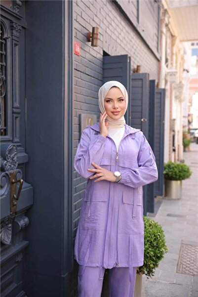 Bwest Short Double Hijab Tracksuit Set with Zippered Hooded Pocket - (38-46) - 71280 - Lilac