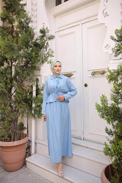 Bwest Shirt Collar Gathered, Lace-Up Short Tunic Flowing Skirt Set - (38-46) - 71291 - Indigo