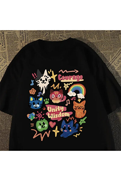 Summer Loose Round Neck for Black Korean Retro Cute Cats