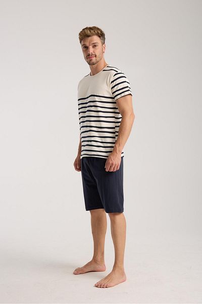 Akbeniz Men's Cream Crew Neck Short Sleeve Pajama Set with Shorts