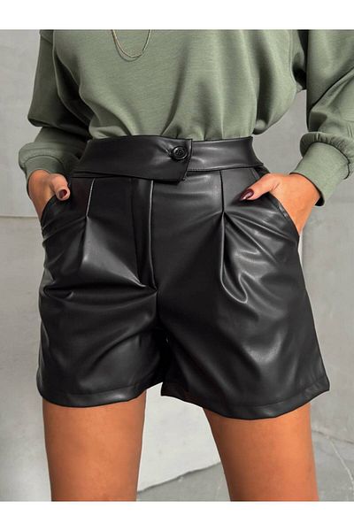 Bleu Petite Black Double Button Detailed Faux Leather Women's Shorts