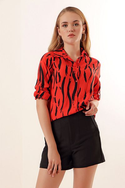 Merterium Women's Patterned Viscose Shirt A.Red 1071