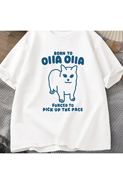 Tarzsokak Tricou alb Born To OIIA Spun Cat Funny Retro Animal Tee 90s Harajuku G