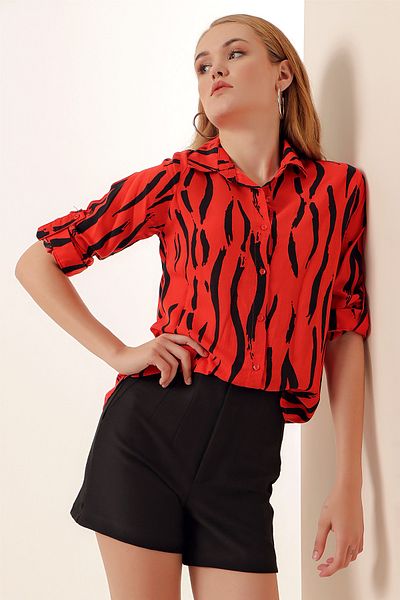 Merterium Women's Patterned Viscose Shirt A.Red 1071