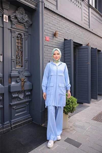 Bwest Short Double Hijab Tracksuit Set with Zippered Hooded Pocket - (38-46) - 71280 - Indigo