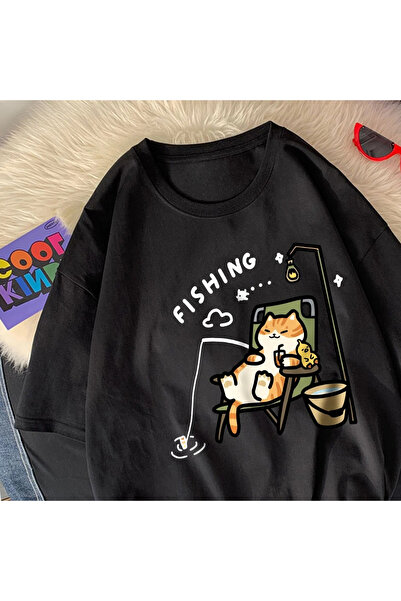 Tarzsokak Pisicuță neagră care prinde pește, imprimeu cu desene animate, cu g...