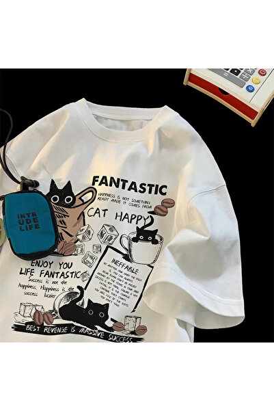 Tarzsokak Versiunea coreeană albă New T cu imprimeu Cartoon Cat Group