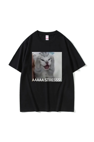 Tarzsokak Siyah Sevimli Komik Stresli Kedi Meme Tshirt Yaz Gevşek K