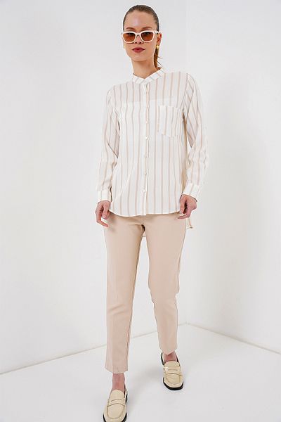 Merterium Women's Long Sleeve Striped Shirt Beige 1072