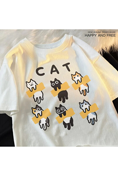 Tarzsokak Λευκό μπλουζάκι με χαριτωμένο σχέδιο κινουμένων σχεδίων με γάτα και...