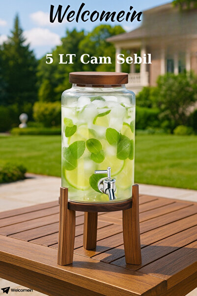 welcomein Akasya Standlı Cam Sebil 5L Musluklu Soğuk İçecek Dispenseri Limonata, Detoks Suyu, Meyve Aromaları