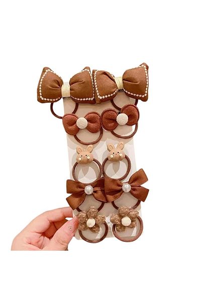 Mixbo Set 5 Elastic Bands for Girls Mixbo, Rabbits, Flowers, and Bows, Brown