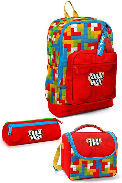Coral High Color Block Patterned 3-Piece School Bag Set Elementary School Bag