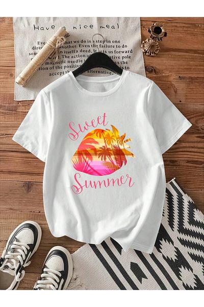 ELNOYA Unisex White Oversize "Sumer Time" Printed Crew Neck Comfortable T-Shirt