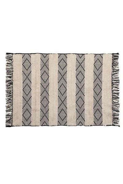 TOPI TOY Decorative winter rug, beige-black cotton with stripes and fringes, 110 x 80 cm