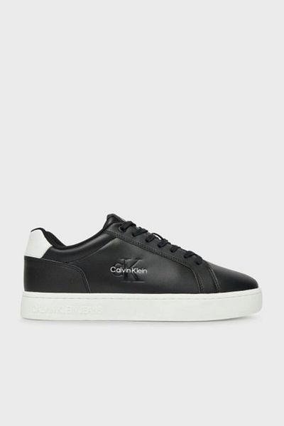 Calvin Klein Men's Leather Laced Flat Sole Round Toe Ck Patterned Black Sneaker Ym0Ym01369-0Gm