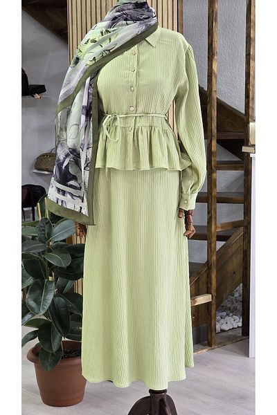 NANTİREA Green Corded Hijab Suit with Elastic Waist Skirt