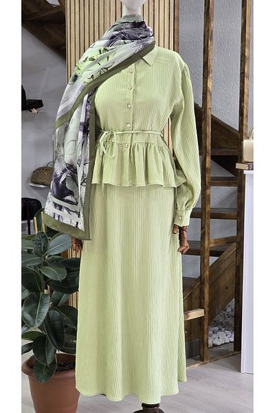 NANTİREA Green Corded Hijab Suit with Elastic Waist Skirt