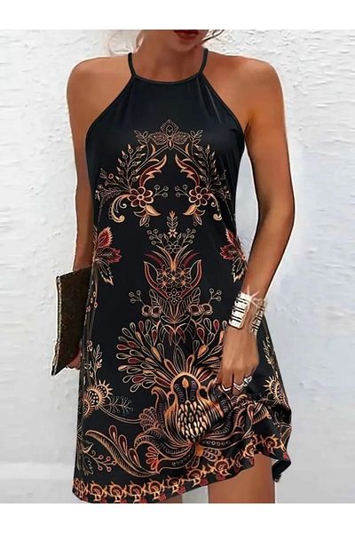 nedo7 Women's Zero Sleeve Halter Neck Patterned Single Jersey Dress