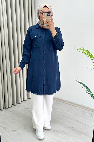 T Moda Store Premium υφασμάτινο γυναικείο πουκάμισο Hijab με φούντα και λεπτομέρεια με κουμπιά