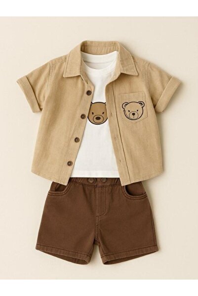 Zekids Baby Boy Teddy Bear Patterned Jacket T-Shirt Shorts 3-Piece Set