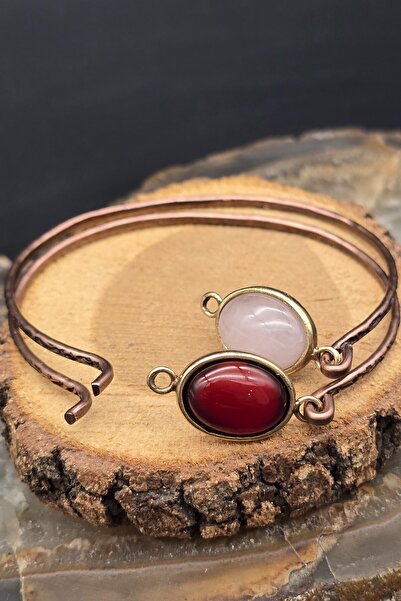 NBS Beautiful Naturel Stones Bakır Saf 2 Adet Bileklik Pembe Kuvars , Akik Taşlı Gerçek Doğal Taş ( Nazar Aşk Kısmet Bereket )