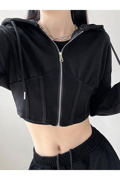 EDVESS Hooded Corset Cutout Zipper Crop Cardigan