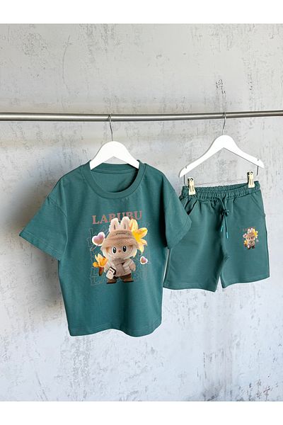 KAPROLLI Labubu Pattern Unisex T-Shirt Shorts Girls Boys Kids Bottom Top Set Tshirt Shorts Set School Nursery Set