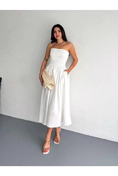 Lovely butik Γυναικείο Φόρεμα Ποπλίνα Στράπλες με Διακοσμητικά Κορδόνια