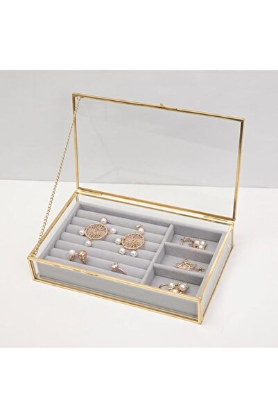 Generic صندوق مجوهرات زجاجي، منظم مجوهرات شفاف مع صينية عرض مخملية، حافة دانت...