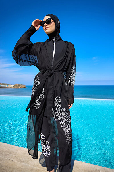 Marina Damask Desenli Şifon Kimono – Hafif, Şık ve Tam Boy Tesettür Plaj Pareosu P2515