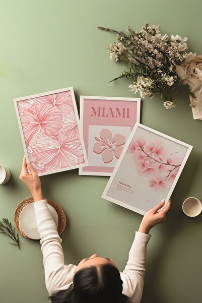 Postifull White Painting Set, 3 Pieces White Framed Poster Miami Model No:300799, Pink Wall Decor