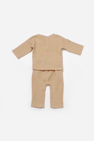 Magu Unisex Baby Cotton Muslin Two Piece Set - Lamb Embroidered Top and Pants with Pockets