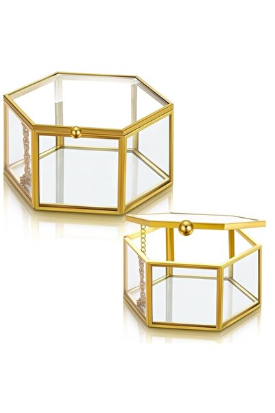 Generic Kenning 2 Pieces Vintage Glass Jewelry Box 3 Inch and 4.5 Inch Golden Hexagonal Jewelry Display Org