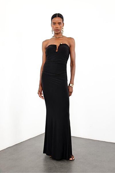 5in1Canpolat Black Draped Maxi Dress 12021