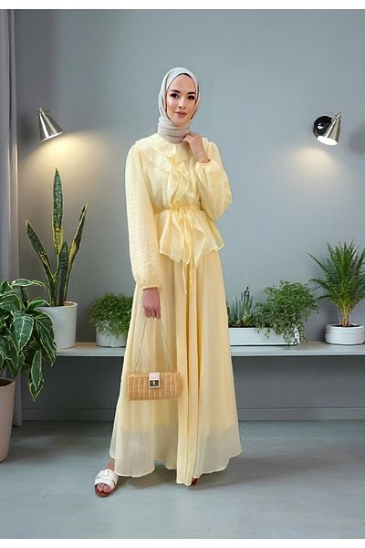 Modamorfo Buttoned Double Suit with Elastic Sleeves and Ruffle Rope Detail - Light Yellow