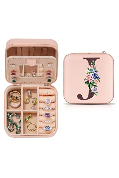 Generic صندوق مجوهرات خزنة للسفر، علبة مجوهرات صغيرة بحرف J مع مرآة