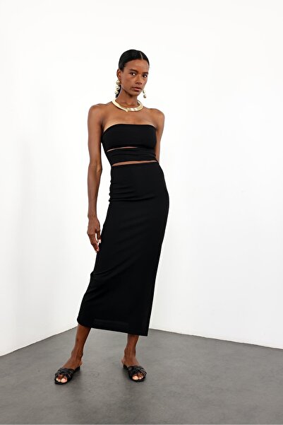 5in1Canpolat Black Strapless Window Detail Dress 12354