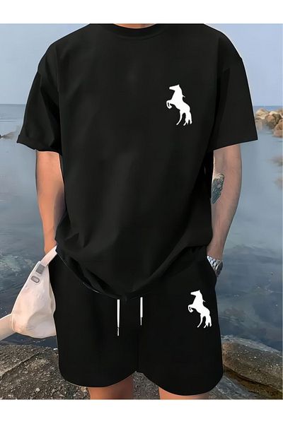 aynewmoda Horse Pattern Men's Short Sleeve Round Neck T-Shirt and Shorts