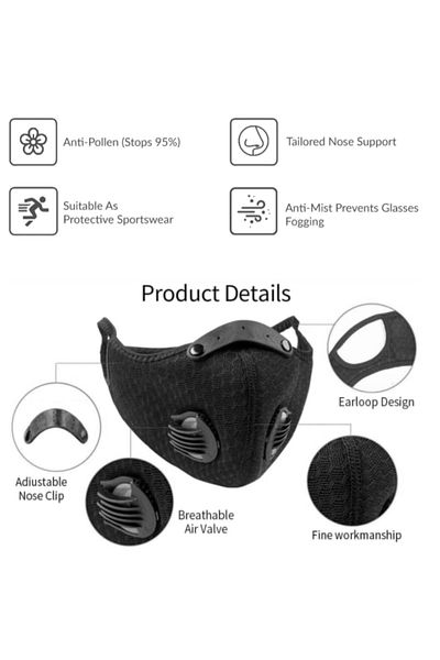 THK Mască sport cu 2 valve pentru copii, cu filtru de carbon, neagră
