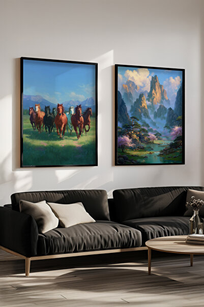 STARYUNA Pictură cu efect de pictură în ulei, set de 2 picturi cu cai cu rame din lemn negru Yuna237