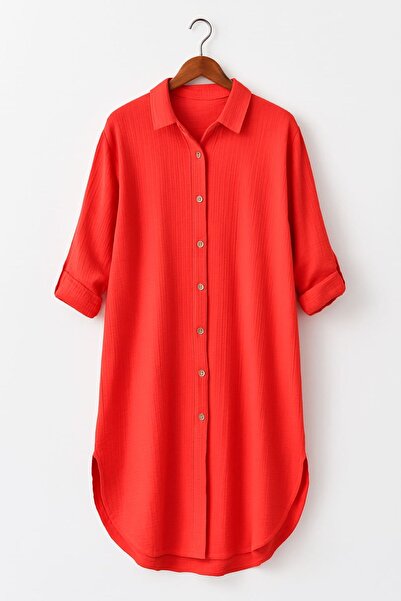 enmodaiçgiyim Pomegranate Color 100% Cotton Muslin Woven Fabric Buttoned Long Sleeve Women's Shirt Dress