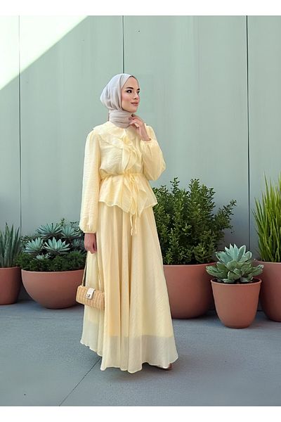 Modamorfo Buttoned Double Suit with Elastic Sleeves and Ruffle Rope Detail - Light Yellow