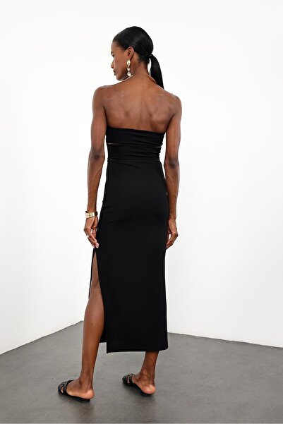 5in1Canpolat Black Strapless Window Detail Dress 12354