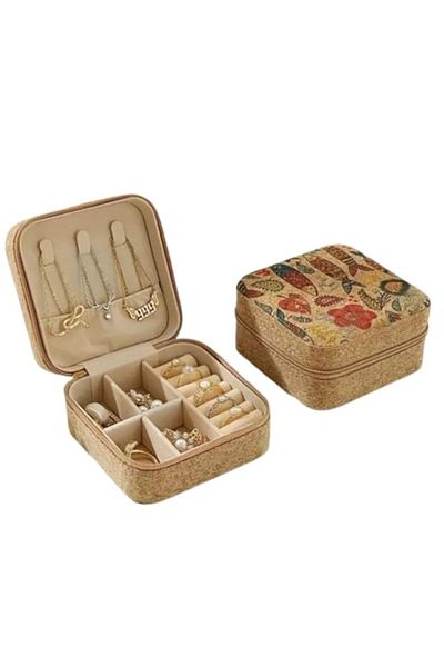 Generic AL ARQAM Travel Jewelry Storage Box – Cork Retro Print with Flowers & Fish Pattern | Earring, Ring