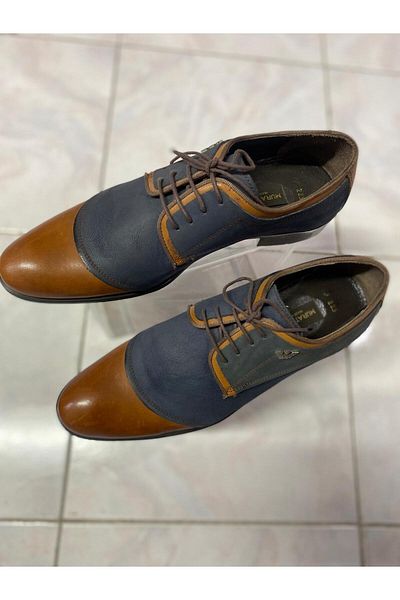 Aysun Ayakkabı Navy Blue and Coffee Inside and Outside Real Leather Lace-Up Men's Shoes